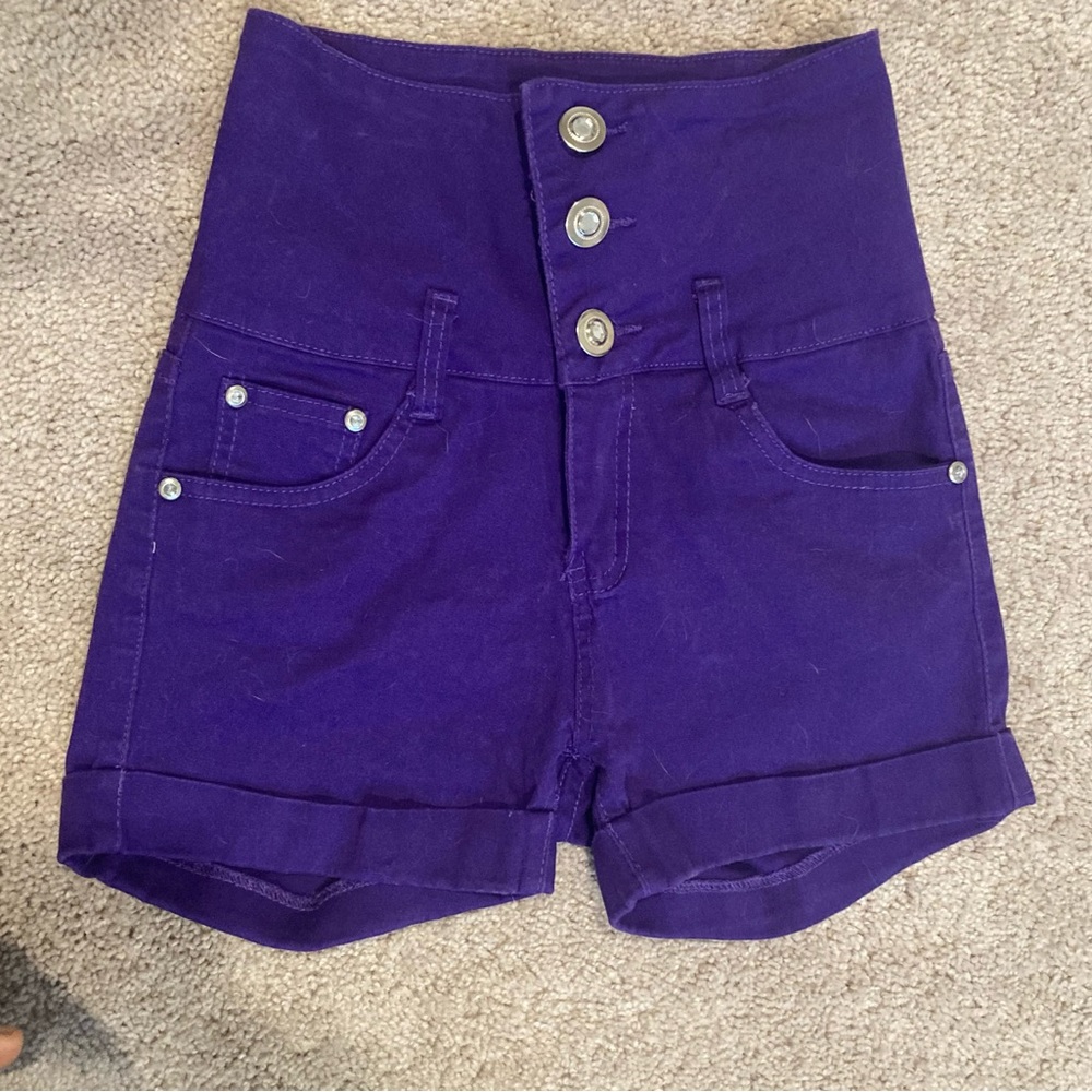 High waist three button purple jean shorts